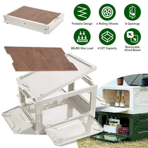 Moclever Folding Storage Bin Stackable Organizer Box with Cutting Board Top Lid 4 Side Lockable Doors Wheels for Camping Home Car RV