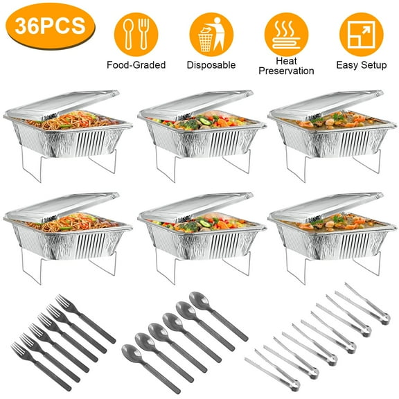Moclever Food Warmers for Parties, 36Pcs Aluminum Foil Paper Disposable Chafing Dish Buffet Set with Covers Utensils for Parties Events Catering BBQ, Silver