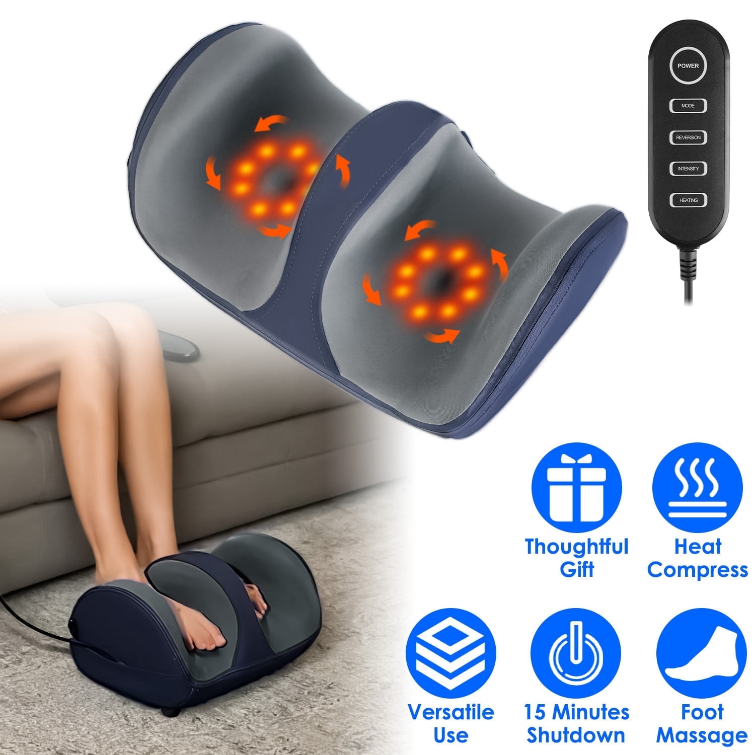 Moclever Foot Calf Thigh Arm Massager Machine, Shiatsu Foot Massager with Heat 3 Modes 3 Intensity Levels Gifts for Mom Dad, Blue