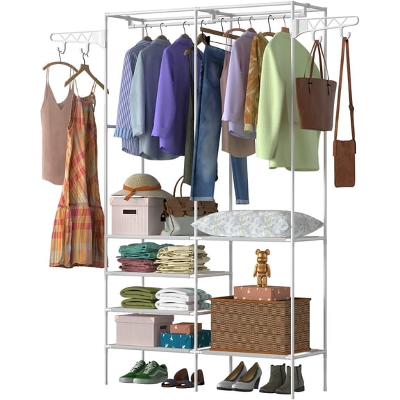 Moclever Garment Racks For Hanging Clothes, Freestanding Closet Wardrobe 66x42x14in, Clothing Shoe Organizer With 6 Shelves For Bedroom
