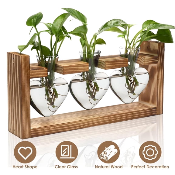 Moclever Glass Plant Propagation Station with 3 Heart Shaped Vases, Wooden Stand Desktop Plant Terrarium for Home Office Decor