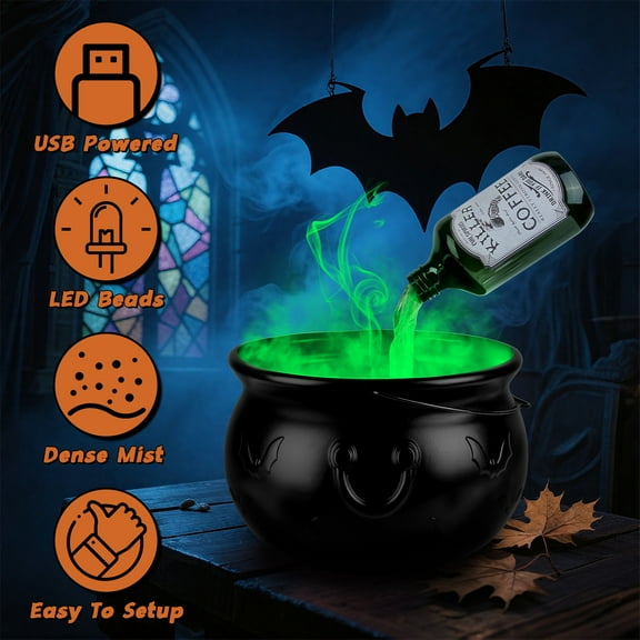 Moclever Halloween Decoration Floating Bottle Set, Witches Cauldron with Mist Maker Green Light Spooky Vintage Party Decorations, Black