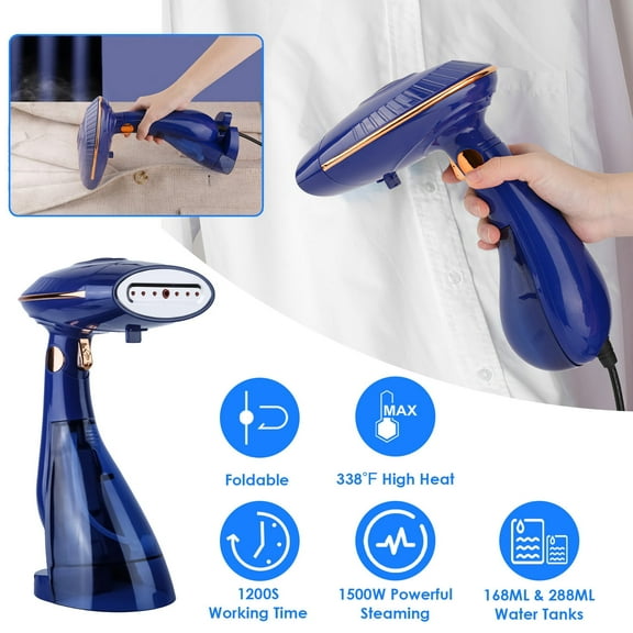 Moclever Handheld Steamer for Clothes, 1500W 2 in 1 Foldable Garment Steamer with 168ML & 288ML Water Tanks for Flat Hanging Ironing, Blue