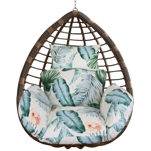 Moclever Hanging Egg Chair Cushion Thicken Soft Basket Seat Cushion with Headrest for Backyard Patio Deck, Beige with Blue Leaf