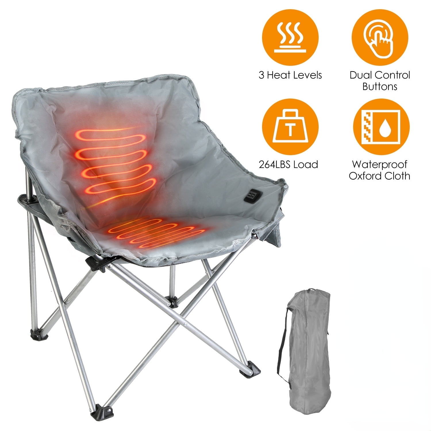 Moclever Heated Camping Chairs for Adults, Portable Folding Heated Chair with 3 Adjustable Heat Levels Support 264lbs for Patio Camping, Grey (Battery Not Included)