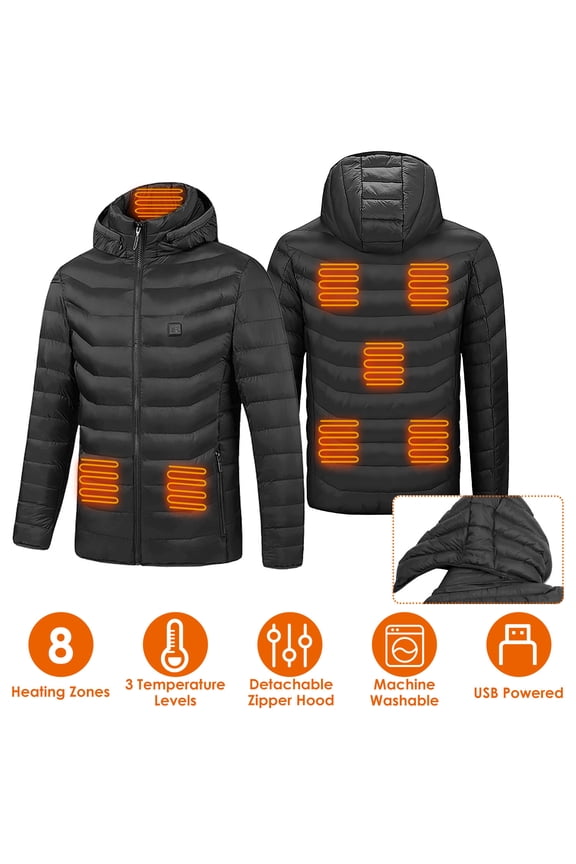 Heated Jackets for Men Women, Electric Winter Hooded Jacket with 3-Level Heating Modes 8 Heating Zones Detachable Zipper Hood