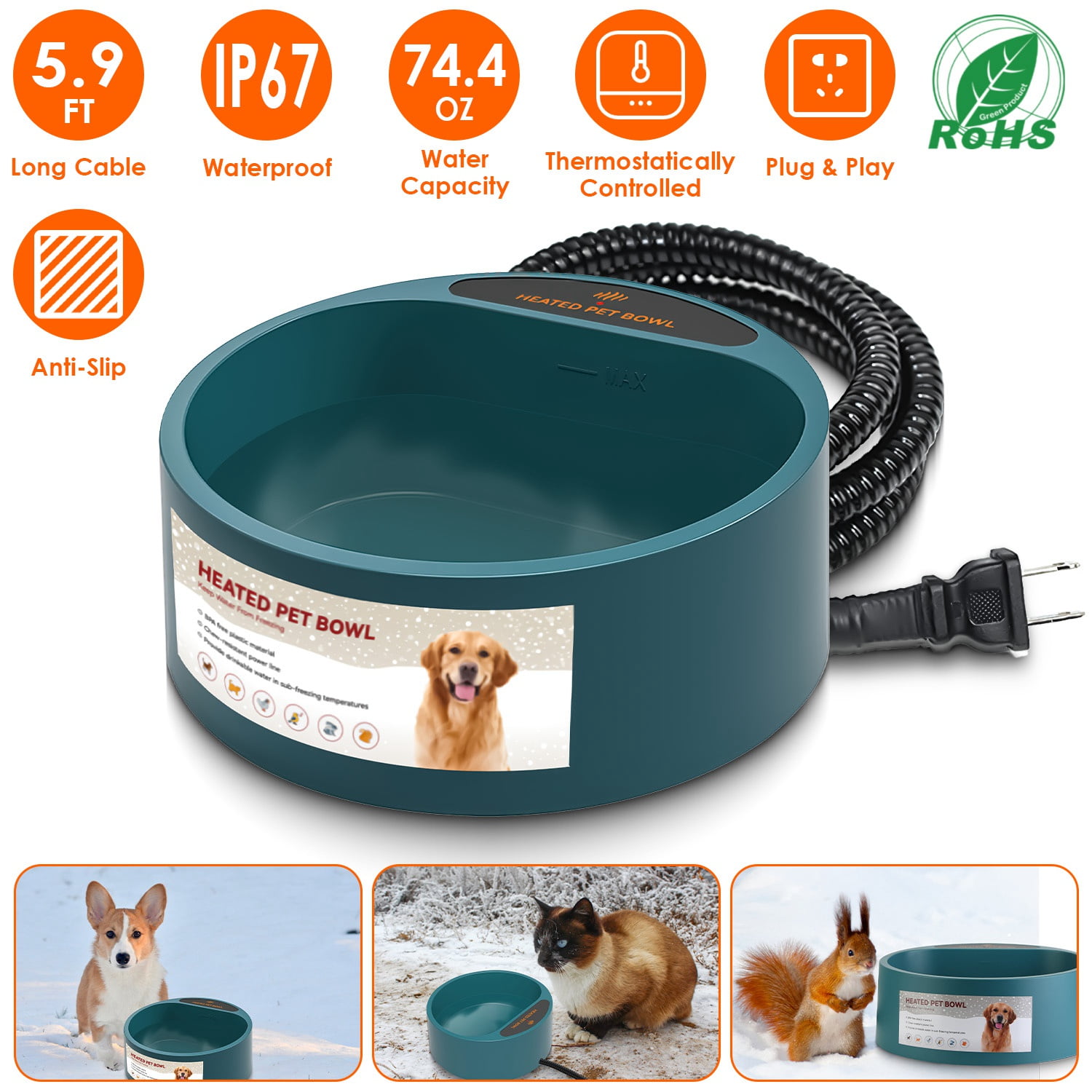 Moclever Heated Water Bowl, IP67 Waterproof Heated Pet Bowl