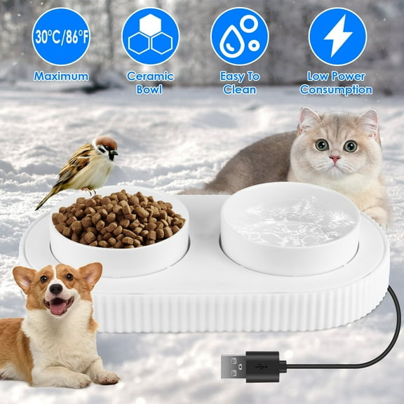 Moclever Heated Water Bowl for Dogs Cats, USB Powered Ceramic Heated Pet Water Bowl, Dual Bowl