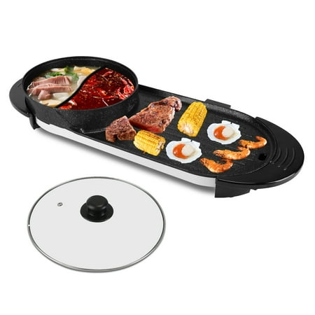 Moclever Hot Pot with Grill, 2200W Shabu Shabu Pot Korean BBQ Grill Smokeless Non-Stick Separate Dual Temperature Control, for 2-10 People, 110V, Black
