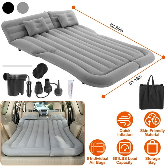 Moclever Inflatable Car Bed, Thickened SUV Air Mattress PVC Flocked Camping Bed Cushion with Pillow Air Pump Storage Bag for Car Travel Camping, Gray