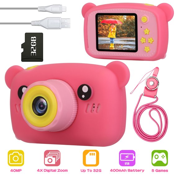 Moclever Kids Digital Camera, Kids Video Camera with 2.0in Screen 4X Digital Zoom 5 Games 32G MMC Card for 3-10 Years Boys Girls, Pink