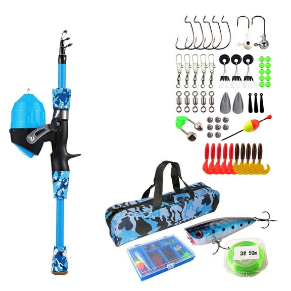 Moclever 4ft Kids Telescopic Fishing Rod and Reel Combo Kit with 56Pcs Lures for Boys Girls, Blue