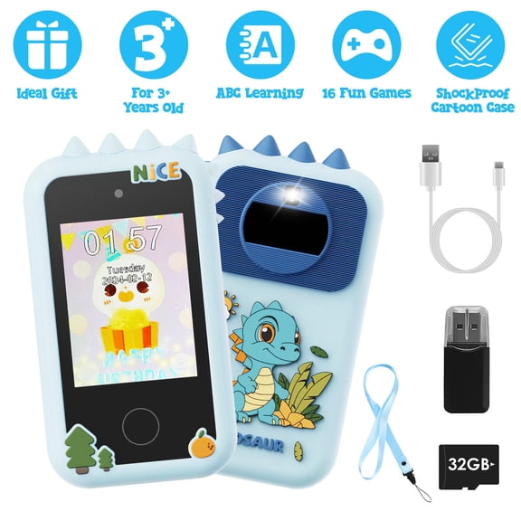 Moclever Kids Toy Smartphone Dual Camera Phone Touchscreen Learning Toy with Shockproof Case Torch 16 Games ABC Learning for Boys Girls Aged 3+, Blue