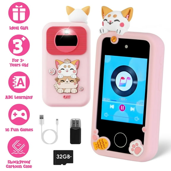 Moclever Kids Toy Smartphone Dual Camera Phone Touchscreen Learning Toy with Shockproof Case Torch 16 Games ABC Learning for Boys Girls Aged 3+, Pink