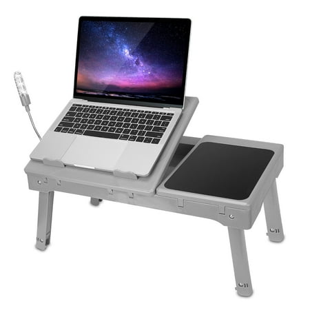 Moclever Laptop Desk, Foldable Notebook Stand Table with Internal Cooling Fan, LED Lamp, 4 Port USB - Gray