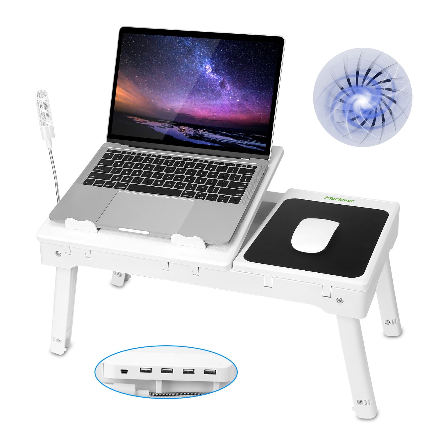 Moclever Laptop Desk, Foldable Notebook Stand Table with Internal Cooling Fan, LED Lamp, 4 Port USB - White