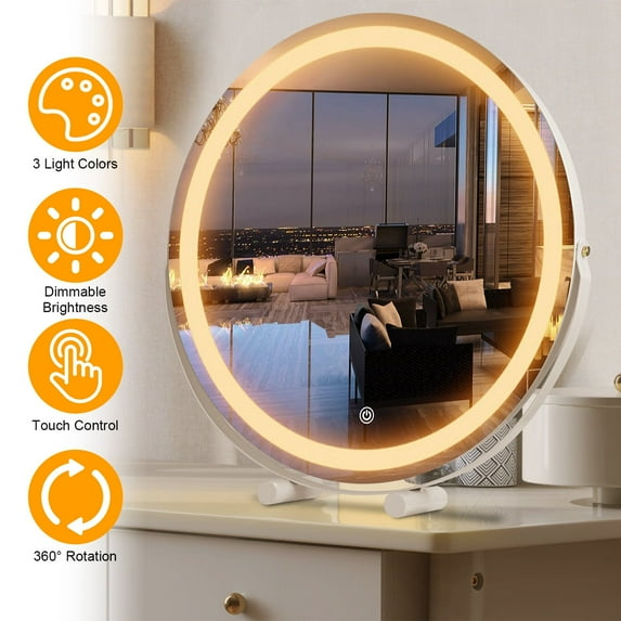 Moclever Large Vanity Mirror with LED Lights, 19in Lighted Makeup Mirror with 3 Lighting Colors Dimmable Brightness Touch Control 360° Rotation Gift for Women, White