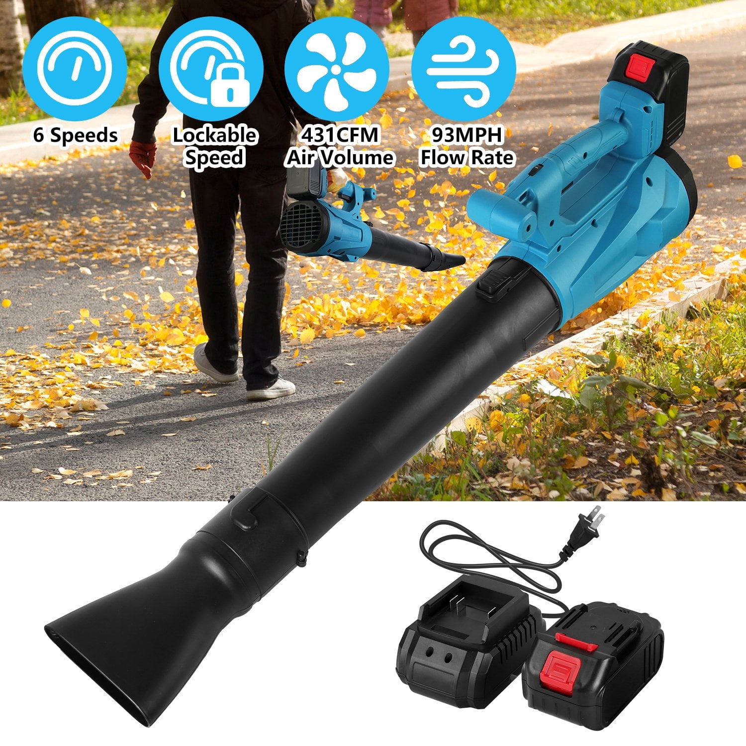 Moclever Leaf Blower Cordless, 21V Battery Powered Leaf Blower 93MPH 431CFM with 6 Variable Speeds 2 Rechargeable Batteries for Yard Patio, Blue