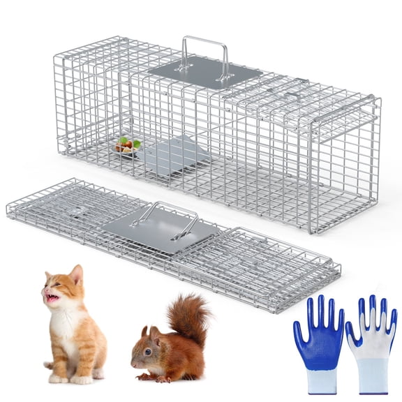 Moclever Live Animal Trap Cage 27x7.5x8in Folding Catch and Release Steel Humane Cat Trap for Small Animals, Silver