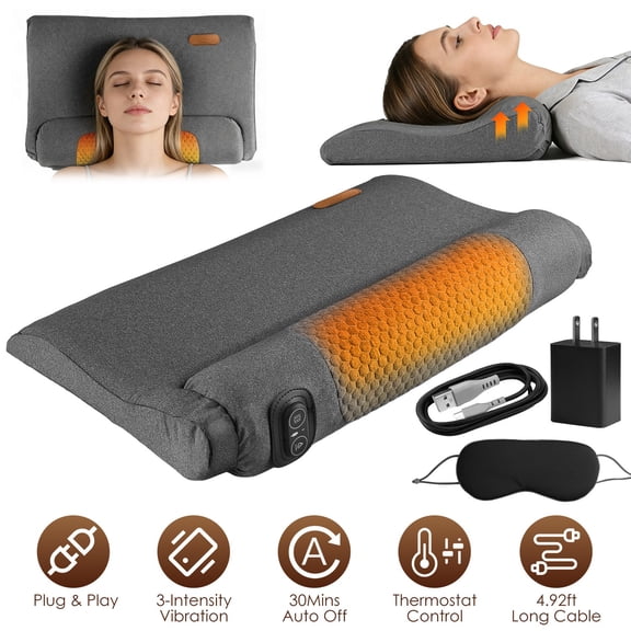 Moclever Neck Massager Pillow Ergonomic Massager Memory Foam Pillow with 3-Level Heating 3-Intensity Vibration 30Min Timer for Neck Back Shoulder