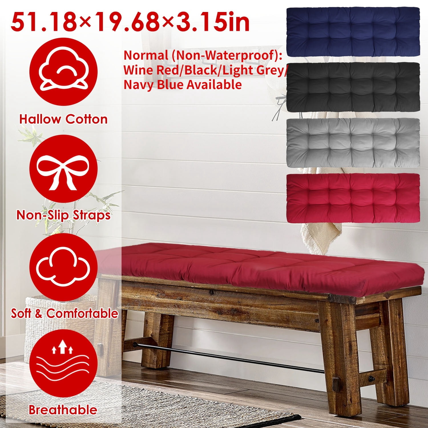 Moclever Outdoor Bench Cushion 51.18x19.68in Furniture Non Slip Bench Seat Cushion with Ties Strap for Indoor Outdoor Garden Patio Black Walmart Business Supplies