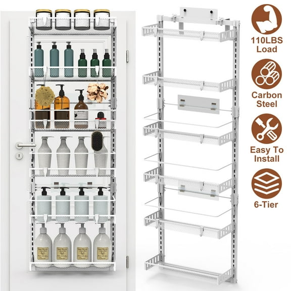 Moclever Over the Door Pantry Organizer, 6-Tier Carbon Steel Pantry Door Organizer 110lbs Loading 50.19"H 17.12"W 5.51"D, White