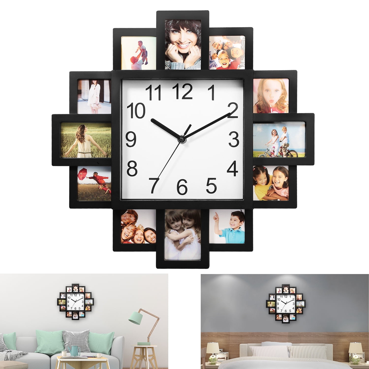 Moclever 12-Picture Photo Frame Clock, Picture Frame Wall Hanging for Home, Office, Living Room Decor