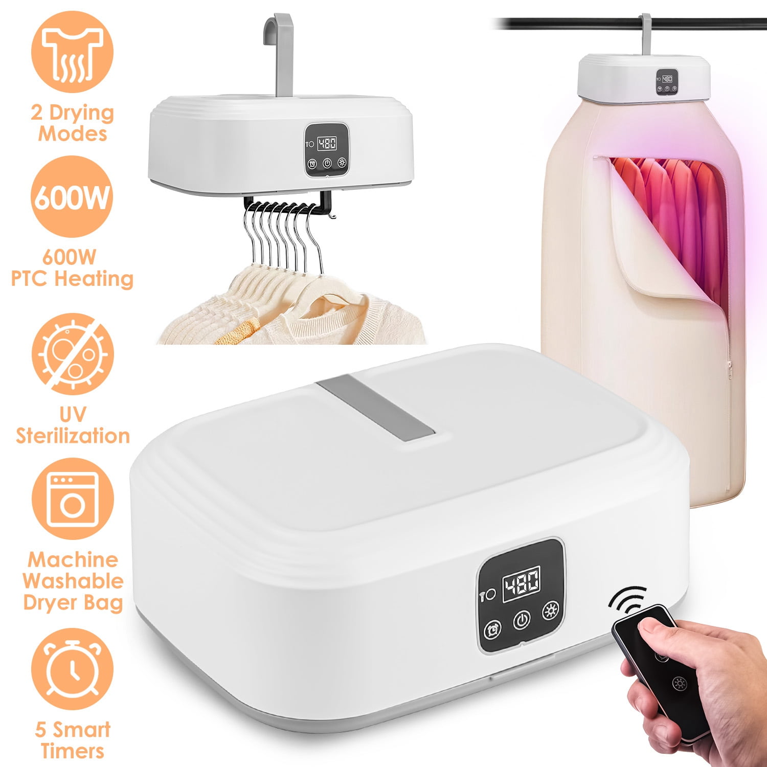 Moclever Portable Clothes Dryer, Foldable Mini Dryer Machine with Timer UV Sterilization 2 Drying Modes Remote Control for Home Apartment RV Travel, White