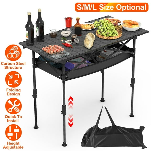 Moclever Folding Camping Table with Adjustable Height, Carbon Steel Roll-up Camping Table with Hanging Net, 37x22in Tabletop, Black