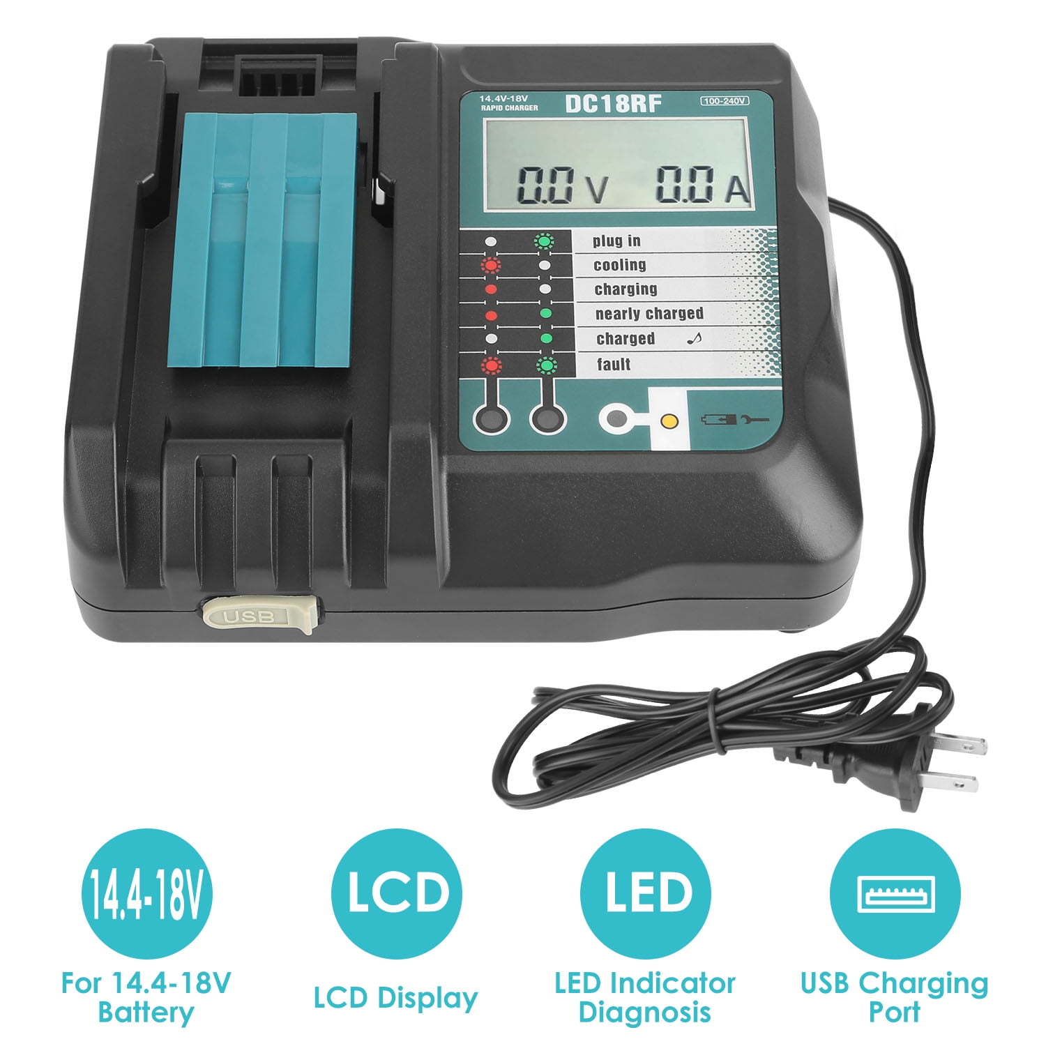Moclever Rapid Charger Multi Voltage Charger Replacement with LCD Display USB Port Fit for Makita 14.4 18V Battery BL1860 BL1830 BL1850 Black Walmart Business Supplies