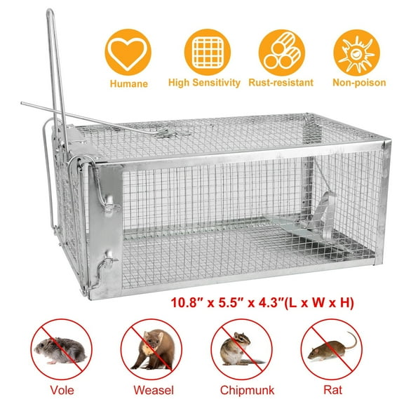Moclever Rat Trap Cage, Animal Pest Control Trap 10.75x5.43x4.41in Galvanized Iron Mouse Control Bait Catch Lightweight Rustproof with Detachable U Shaped Rod