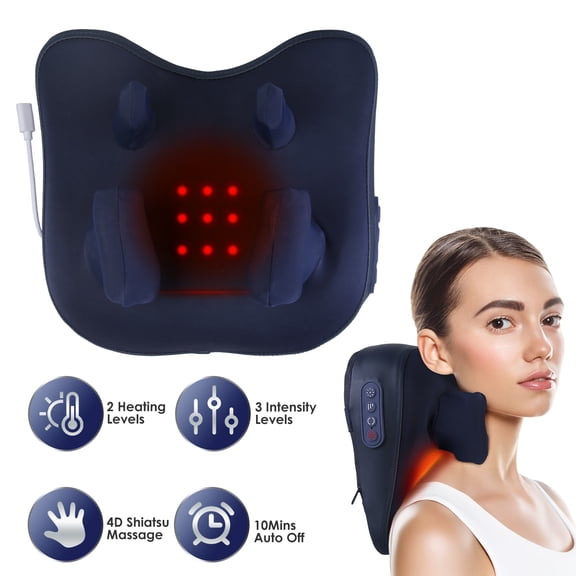 Moclever Shiatsu Neck Shoulder Massager with Soothing Heating, Cordless 4D Deep Kneading Pillow with 3 Intensity Levels 2 Heating Levels for Neck Back Traps