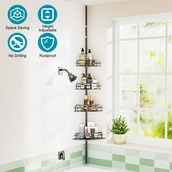 Moclever Shower Tension Pole Caddy, Corner Shower Caddy 4 Height Adjustable Rust-Resistant with Tension Pole Towel Bar Hanging Hook for Bathroom, Black