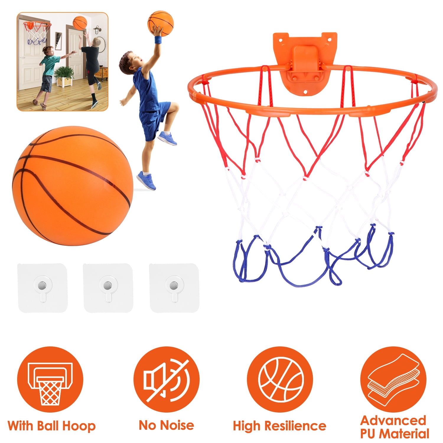 Moclever 9.45in Silent Basketball with Hoop, Uncoated High Density Bouncing Foam Basketball for Indoor Outdoor Use, Orange