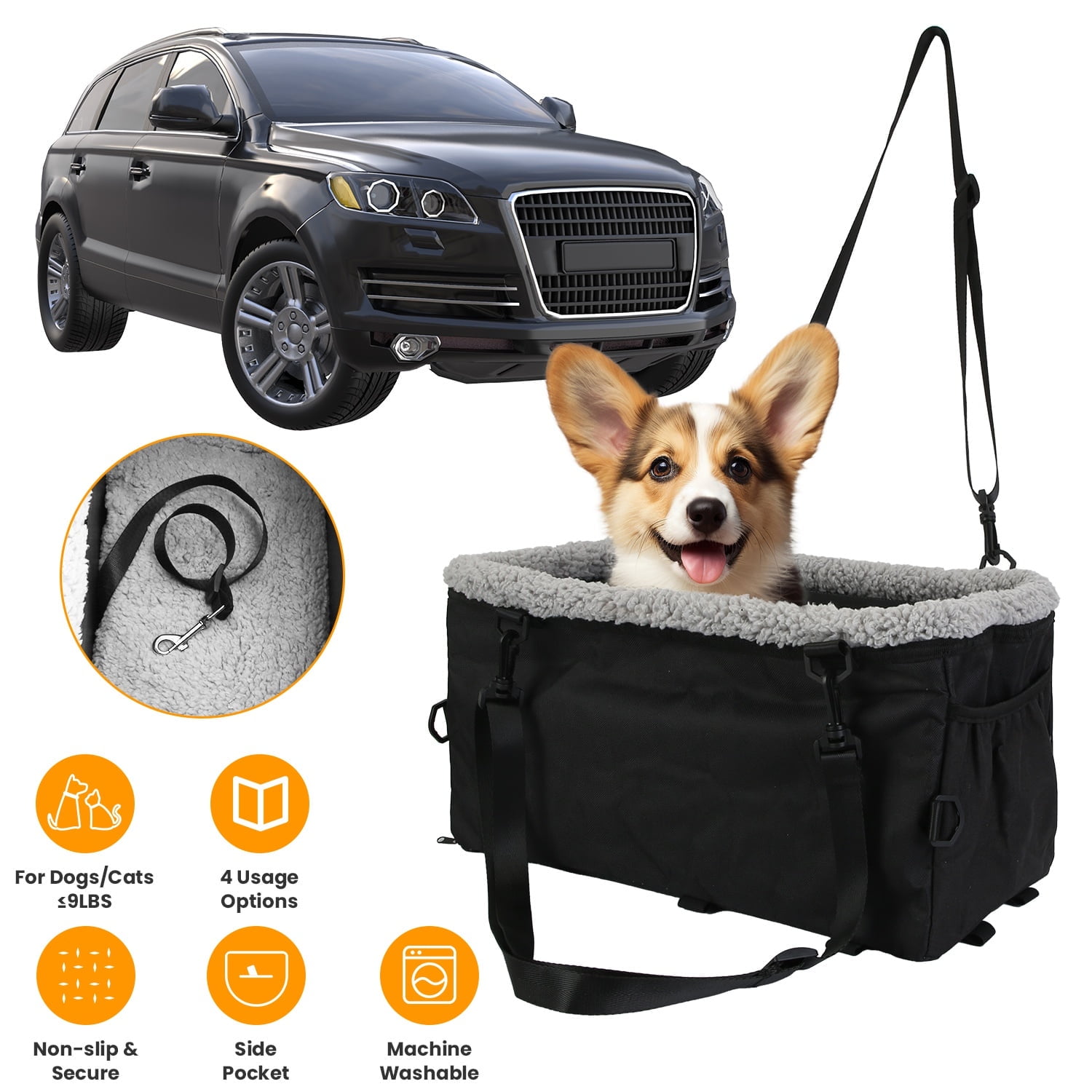 Moclever Small Dog Car Seat, Pet Booster Seat with Harness for Dogs Cats up to 9lbs, Black