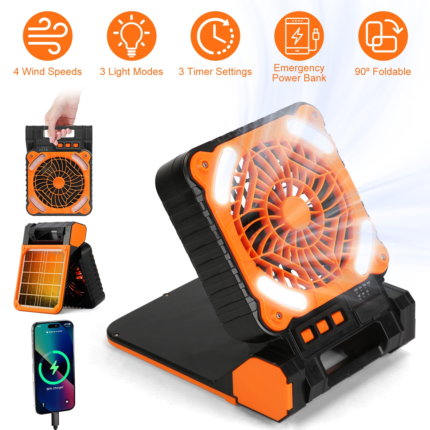 Portable Solar Camping Fan With Lights – 18.5” Foldable Panel, Remote Control, Stepless Dimming, Timer & 30dB Quiet Operation