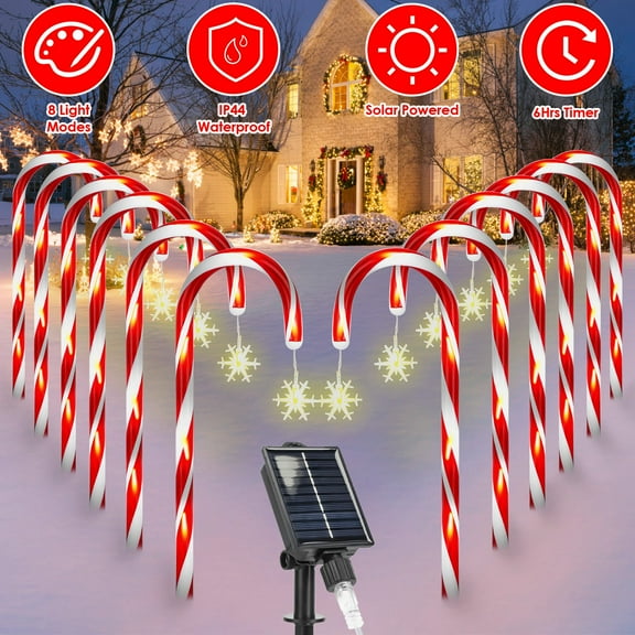 Moclever Solar Christmas Candy Cane Lights, Flickering Solar Pathway Lights with 12 Candies 72LEDs IP44 Waterproof 8 Modes 6Hrs Timer, Snowflake