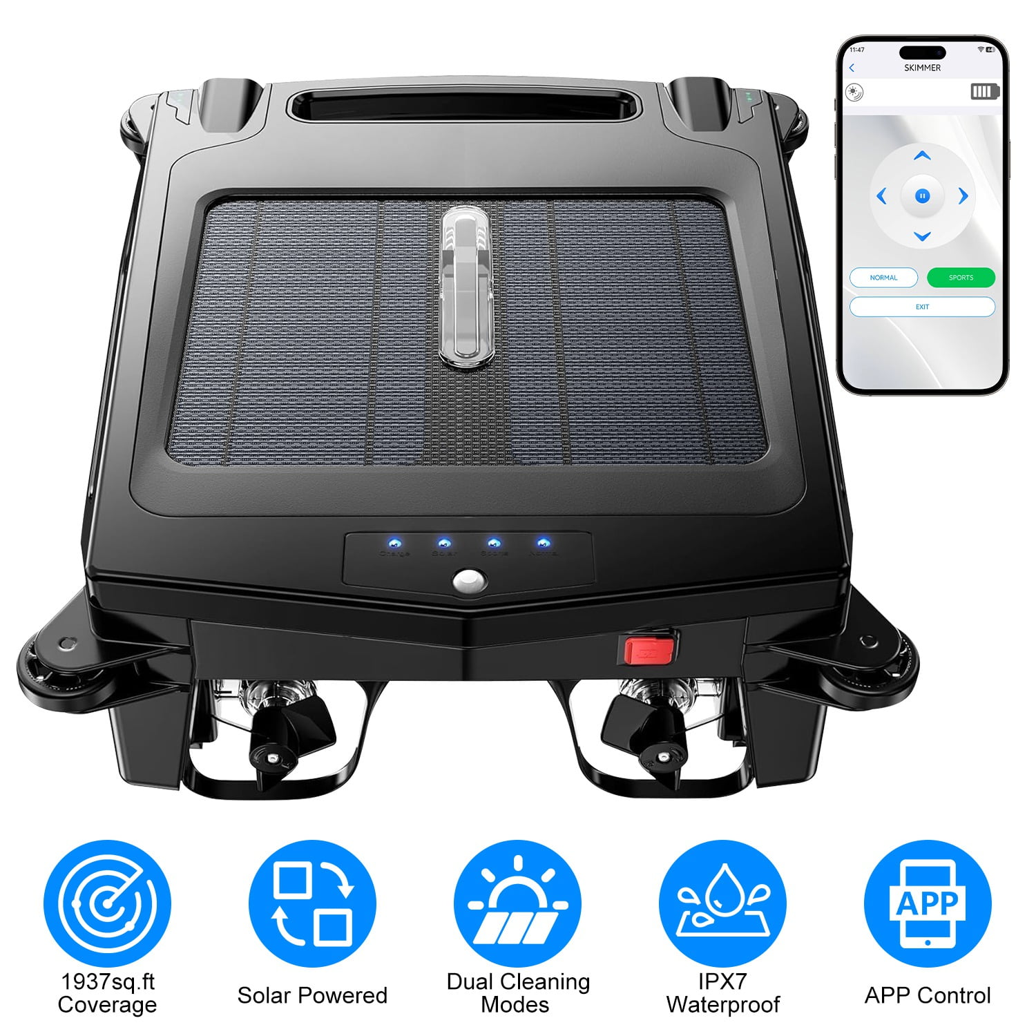 Moclever Solar Powered Robotic Pool Skimmer, Automatic Pool Surface Cleaner with 2 Cleaning Modes Dual Charging Methods IPX7 Waterproof 1937sq.ft Coverage