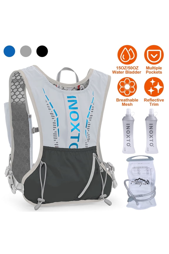 Sport Hydration Vest Running Backpack with 15oz 50oz Water Bladder Adjustable Strap Storage Bag for Trail Running Marathon Race Hiking,Grey
