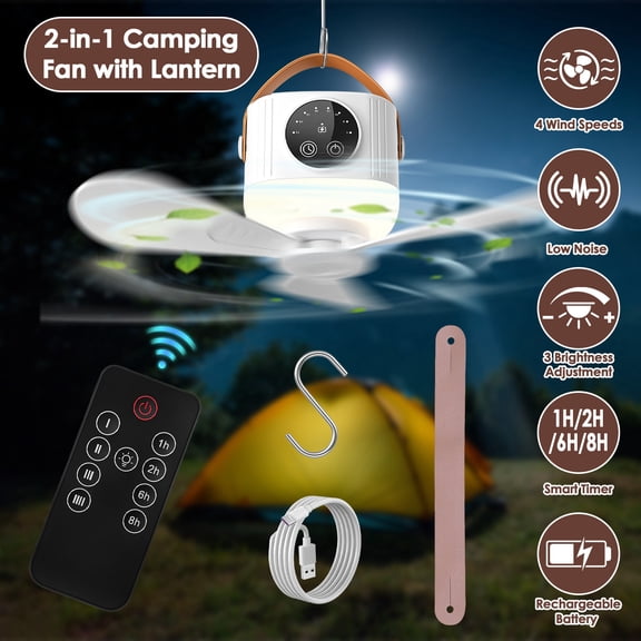 Moclever Tent Ceiling Fan with Light 7200mah Rechargeable Canopy Fan with Remote Control 4 Wind Speeds 3 Brightness