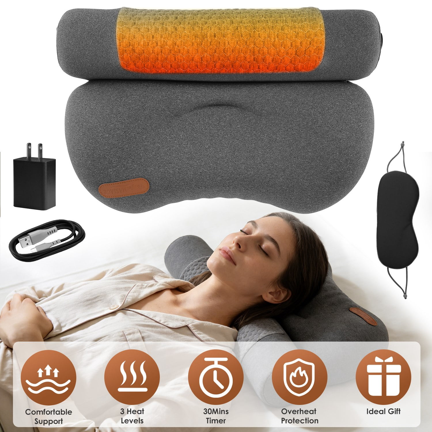 Moclever USB Heated Neck Pillow Zero Pressure Memory Foam Cervical Heated Bed Pillow with Eye Mask Adapter, Dark Grey