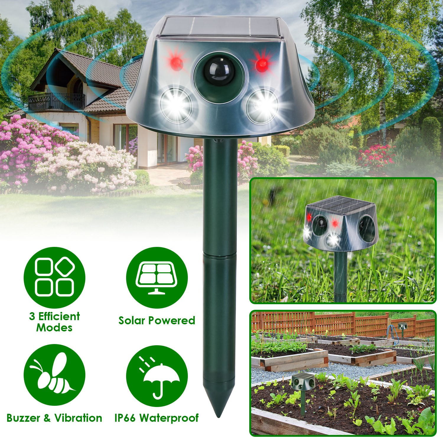 Moclever Ultrasonic Solar Animal Repeller, Waterproof Pest Deterrent, 3 Modes for Farm Garden, Green