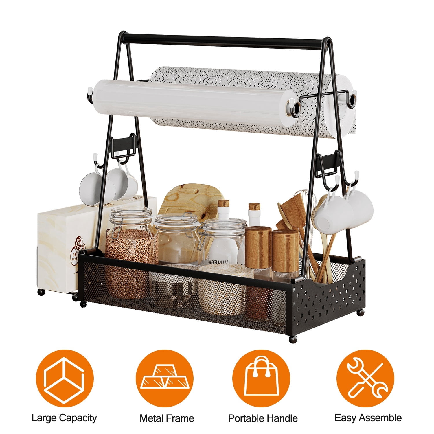 Moclever Utensil Caddy with Paper Holder, Rustproof Metal Grill Caddy for Outdoor Picnic Barbecue Camping, 14.76x6.69x14.96in