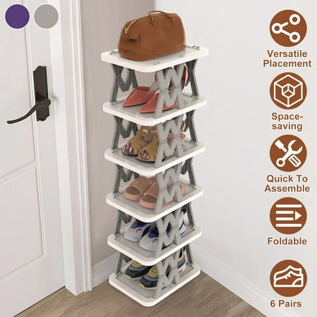 Moclever Vertical Shoe Rack for Entryway, 6 Tier Foldable Narrow Shoe Rack for Small Spaces, Grey