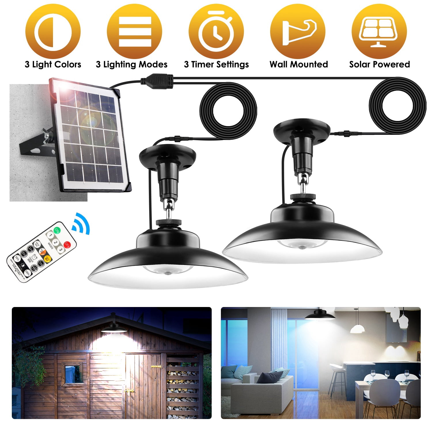 Moclever Wall Mounted Solar Shed Light with Separate Panel, Indoor Outdoor Solar Pendant Light with 3 Modes 3 Light Colors IP 55 Waterproof for Gazebo Porch, 2 Head