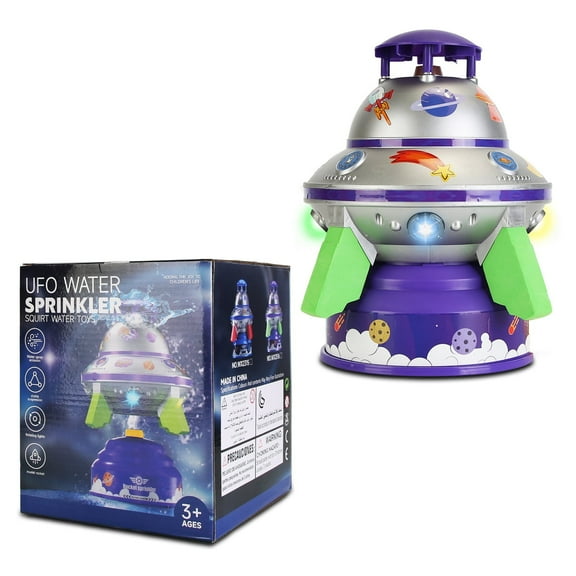 Moclever UFO Water Sprinkler Outdoor Summer Rocket Toy with Colorful LED Lights 360° Spinning 1.64-6.56ft Adjustable Height for 3+ Girls Boys, Purple