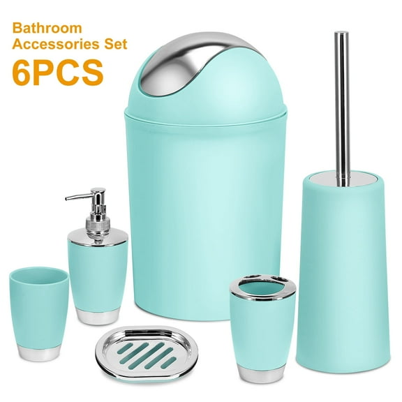 Moclever Bathroom Accessories, 6 Pcs Plastic Bathroom Set Soap Dispenser Toothbrush Holder Tumbler Soap Dish Toilet Cleaning Brush Trash Can Unisex, Aqua