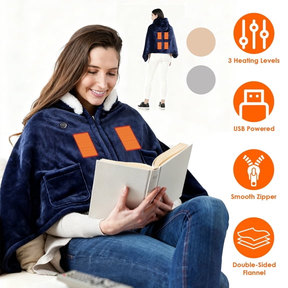 Moclever Wearable Heating Blanket for Women Men, 59x31in Electric Heated Throw Double-Sided Flannel Machine Washable 3 Heating Levels Battery Operated, Blue