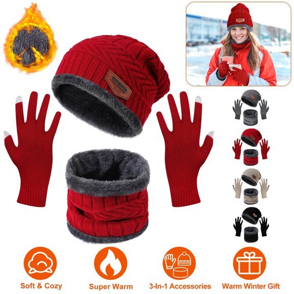 Moclever Winter Warm Knitted Set, 3Pcs Knit Acrylic Hat Scarf Touch Screen Gloves for Men Women, Red