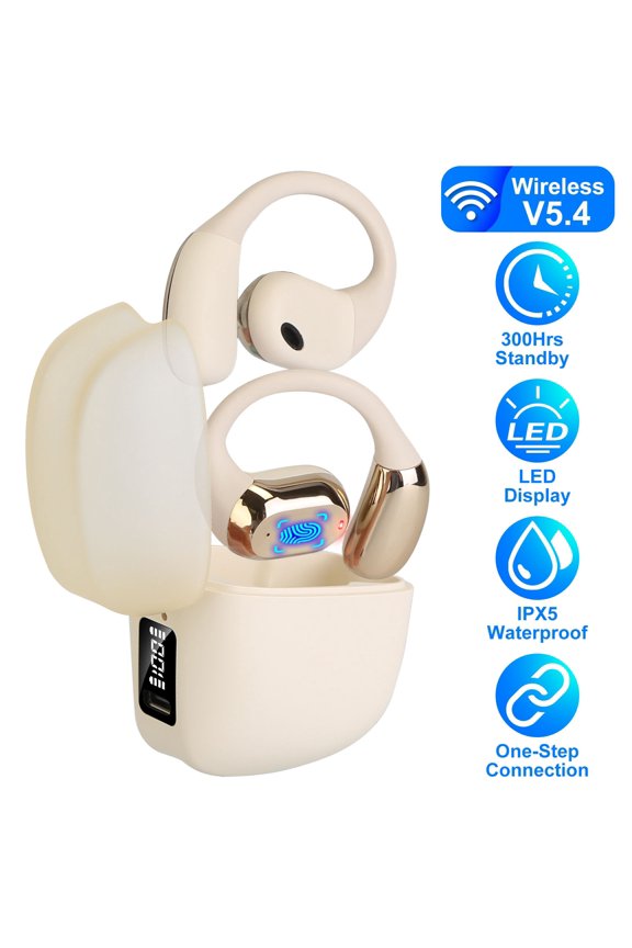 Wireless Stereo Sport Headphones, Wireless V5.4 Open Ear Earbuds with Earhook LED Display Charging Case IPX5 Waterproof 300Hrs Standby Time Touch Control for Workout Running, Beige